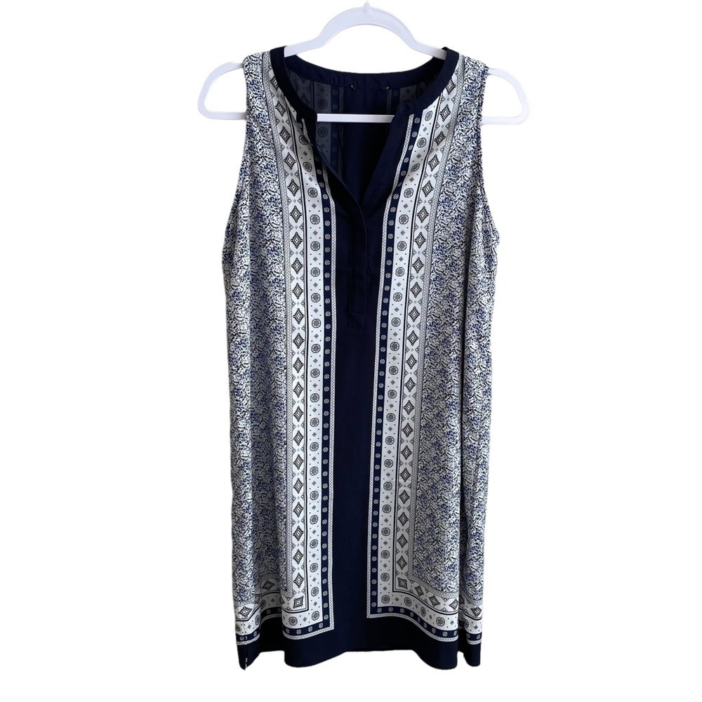 Tahari - Navy & White Graphic Print Slip Dress - Size Medium